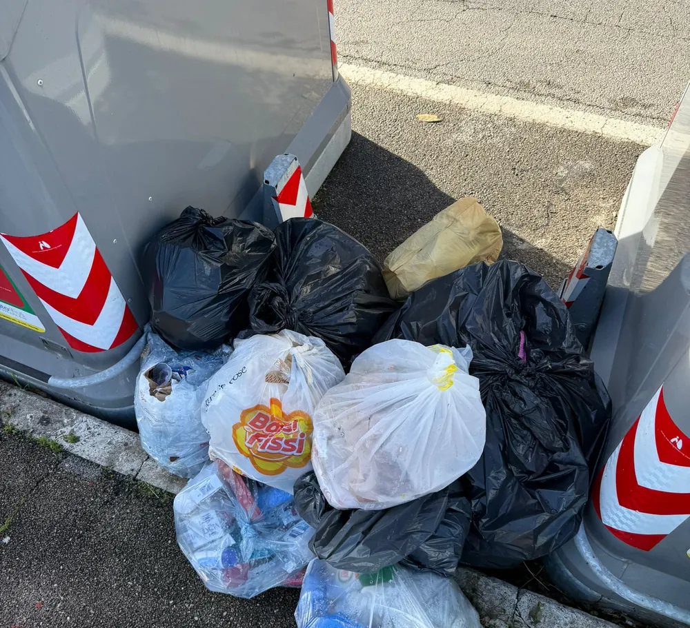 Rifiuti abbandonati accanto ai cassonetti in via Buozzi